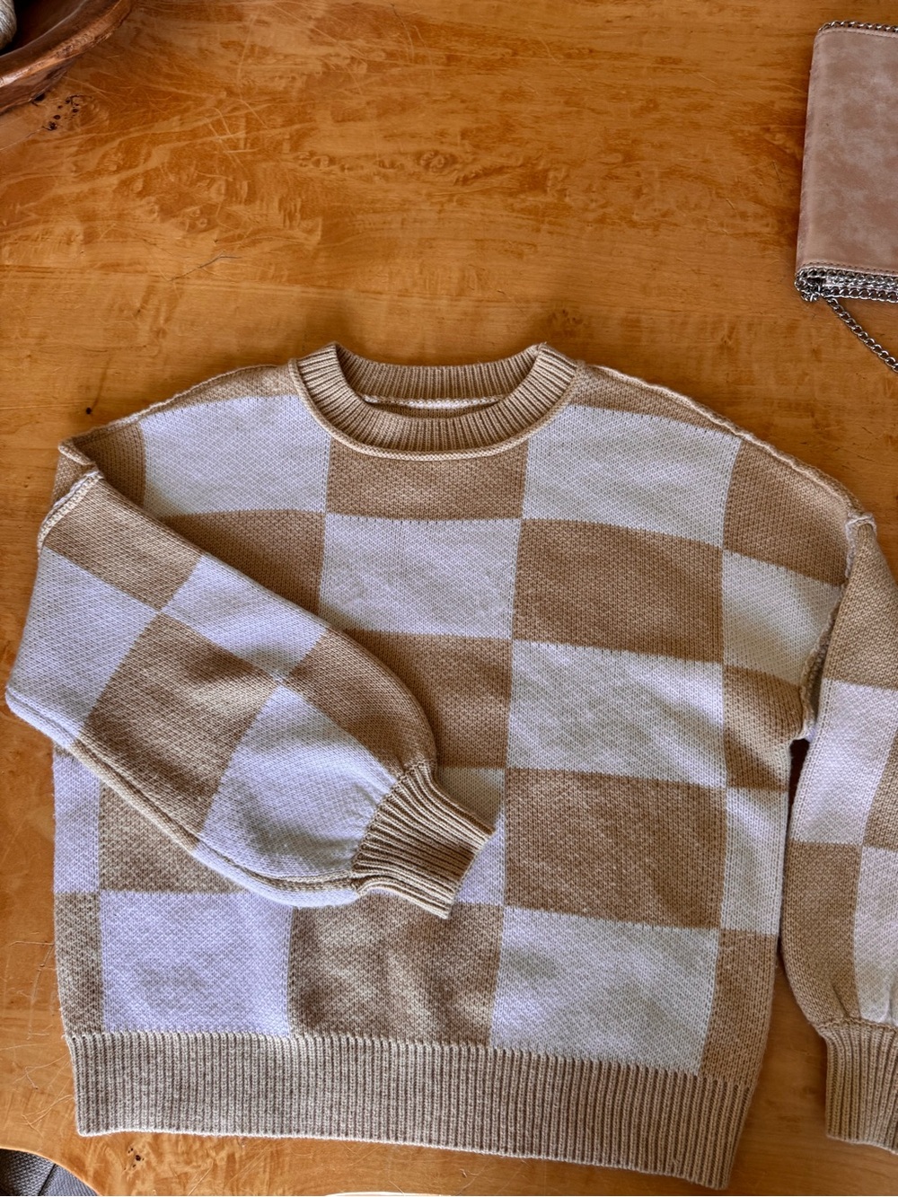 Women’s Checkered Crewneck Sweater in Beige and Cream